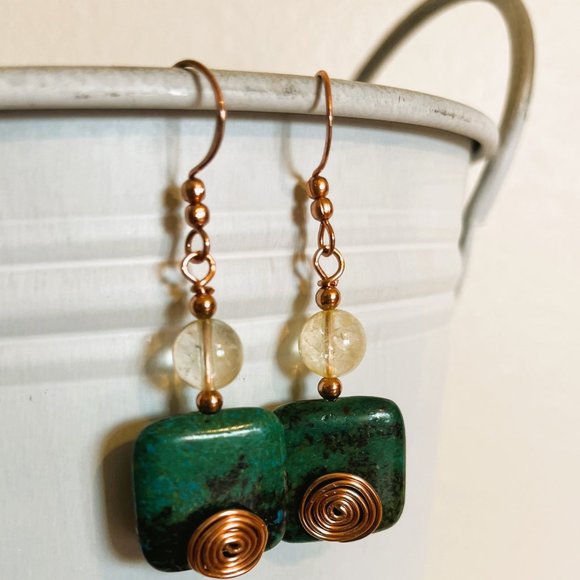 Chrysocolla and Citrine with Copper Genuine Gemstone Earrings, Handmade Original - Picture 4 of 4
